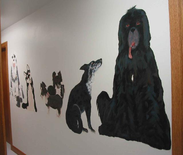 Hallway with dog mural.